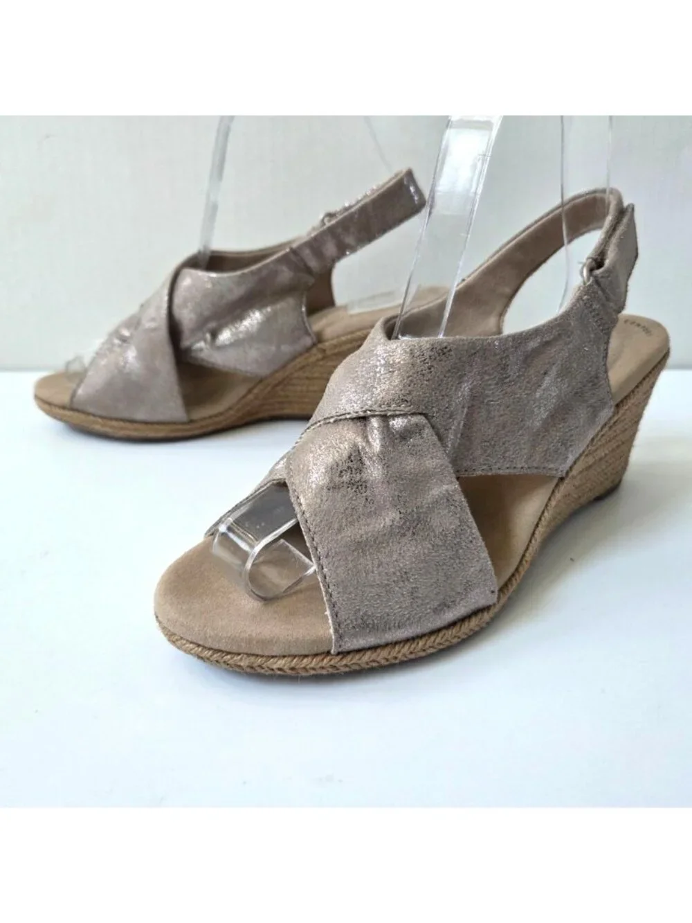 Clarks Shoes Womens 8 Metallic Pewter Lafley Alaine Jute Wedge Comfort Sandals